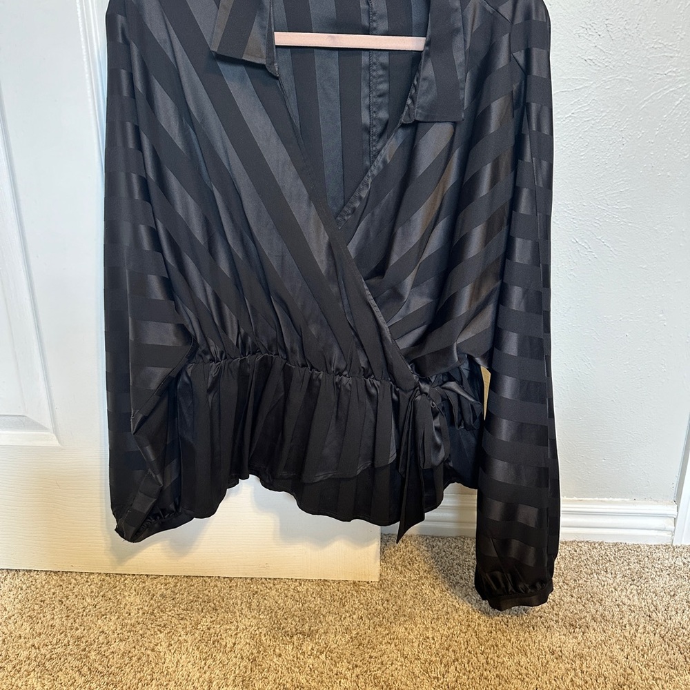 Satin-Striped Black Wrap Blouse with Tie Waist